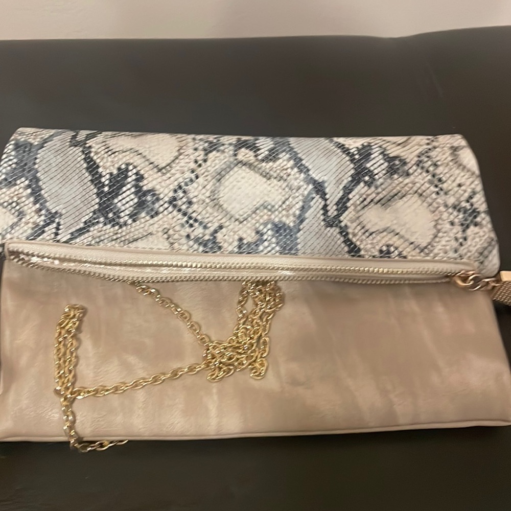 Beige Semi snake print clutch gold color chain